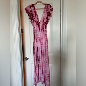 Plunging neckline tie dye maxi dress